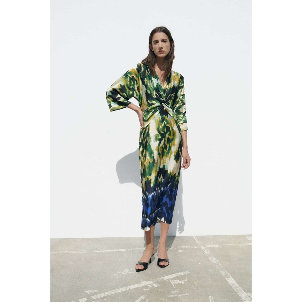 Zara Midi Dress XL Twist Front Ikat Print Morocco Kimono Sleeves Green Blue NWT